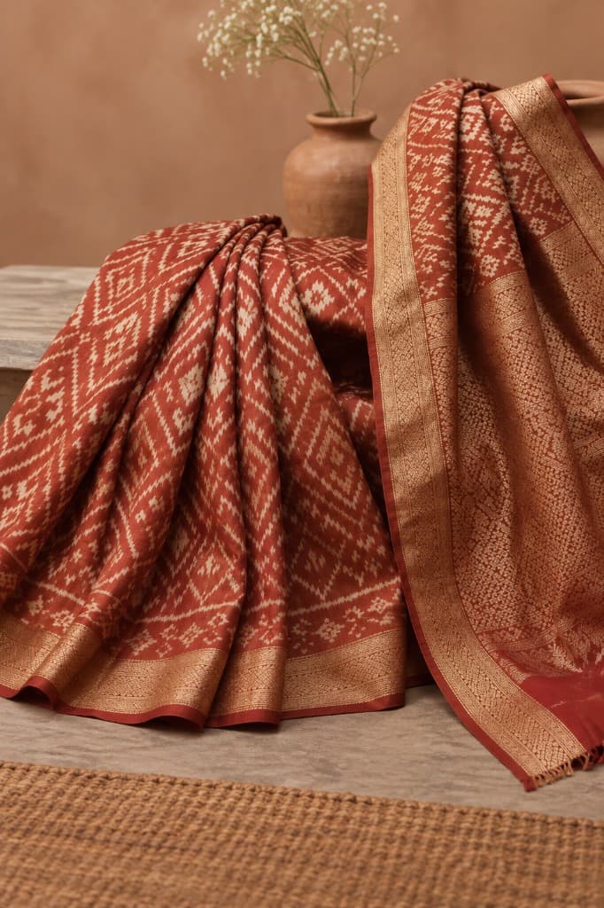 Red terracotta Ikat or Patola-style handloom saree draped on a wooden table with gold zari border
