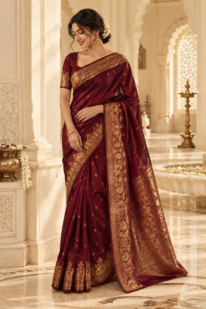Woman in a maroon and gold Banarasi saree in a palace courtyard